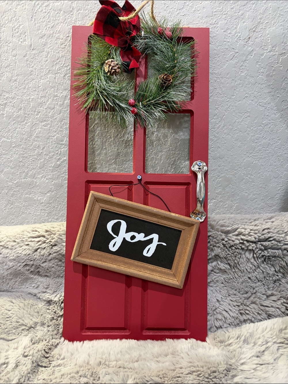 Festive Red Holiday Door Panel with 'Joy' Chalkboard Sign